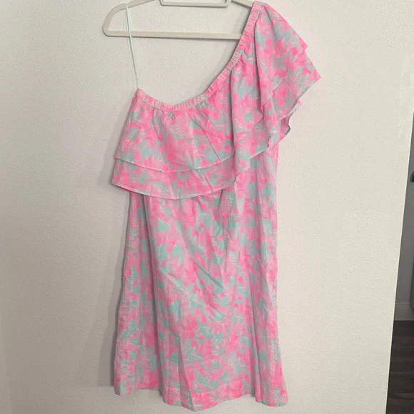 Vineyard Vines Pink and Blue Leaf Print One-shoulder Dress - Picture 3 of 4